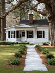 Naklejka premium Charming white farmhouse with black shutters, brick chimney, front porch, surrounded by lush green lawn and large tree, peaceful atmosphere