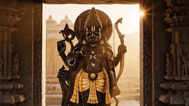 Shri Rama Statue in Ancient Temple Glowing Sunrise Light Worship