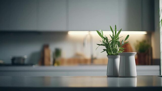 Green potted plants in white ceramic pots on a modern kitchen counter, blurred cabinets, sink and warm under cabinet lighting for a fresh, minimalist home atmosphere