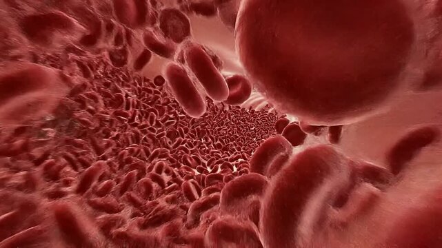 Microscopic three dimensional rendering illustrates numerous biconcave red blood cells flowing rapidly through a narrow anatomical artery or vein vessel system.
