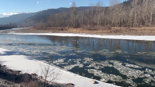 Ice flow builds on the Bitterroot River in Westen Montana near Missoula.