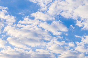 Fototapeta premium Soft white clouds on a bright blue sky background,Beautiful fluffy white clouds scattered across a clear light blue sky. Perfect for use as a natural background, wallpaper, or design element.