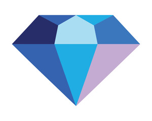 Fototapeta premium A stylized, geometric representation of a brilliant-cut diamond, showcasing facets and vibrant blue and purple hues against a white background.