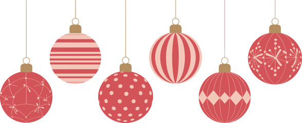 Red Christmas ball ornaments set, glossy hanging decorations with patterns, festive holiday baubles isolated on white background, winter decor design