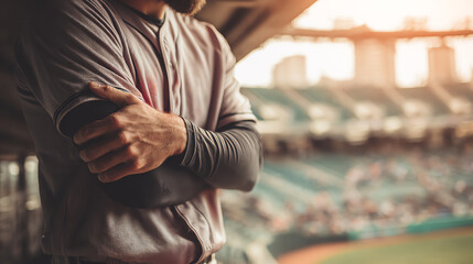 Obraz premium A close-up of a baseball player's arms crossed, showcasing athletic stance and readiness for the game.