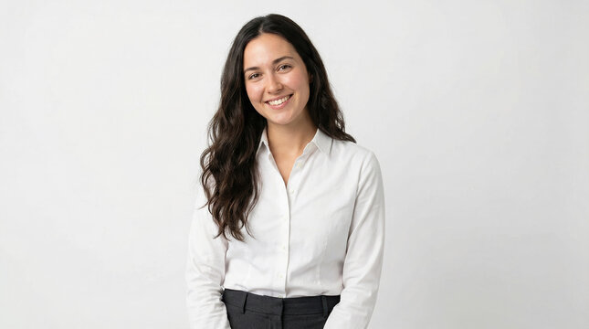 Portrait generic a woman with long hair smiling warmly while wearing a white shirt against a plain background