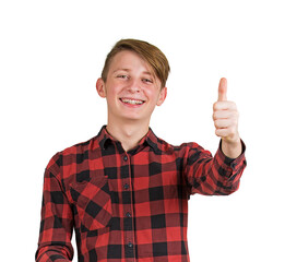 Portrait of a handsome teenage guy posing happy as shows thumb up positive gesture, isolated on transparent background