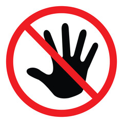 Do not touch warning icon. A black hand silhouette inside a red prohibition circle. Safety sign for fragile objects, sterile environments, or restricted surfaces to prevent contact.