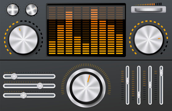 Sound equalizer with sliders. Realistic music panel, metal volume buttons control, regulators, audio mixing console, device screen digital media player sound display, qualitative vector set