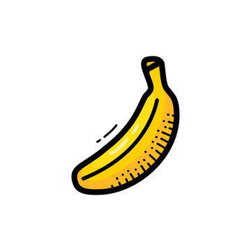 Hand-drawn cartoon illustration of a single ripe yellow banana with black outlines and subtle shading on a white background.