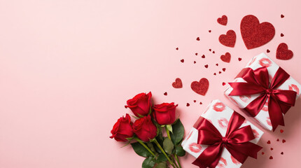 Romantic gift featuring red roses and presents wrapped with red ribbon and heart-shaped confetti on pink background