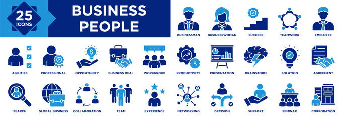 Business People icon collection set. Containing Businessman, Businesswoman, Team, Collaboration, Search, Global Business, Employee, Success, Workgroup, Presentation icon