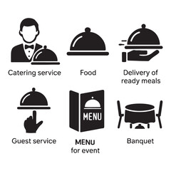 Catering icon set vector. Catering service, food, delivery of ready meals, guest service, menu for event, banquet vector