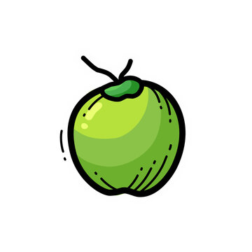 A simple cartoon illustration of a fresh, vibrant green coconut with a stem, depicted in a hand-drawn style on a white background.