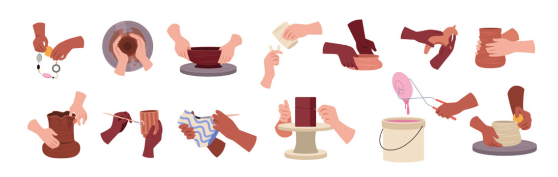 Potters hands. Ceramists work with clay, wheel modeling, glazing and painting, crockery creating, workshop crafting process, handmade art craft product, tidy vector cartoon isolated set
