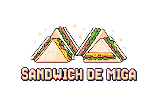 Retro pixel art sandwich de miga design with sparkling details and nostalgic style