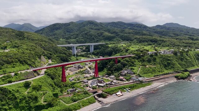 calm aerial View of Yoneyama Bridge Over the Sea of Japan, Kashiwazaki, Niigata