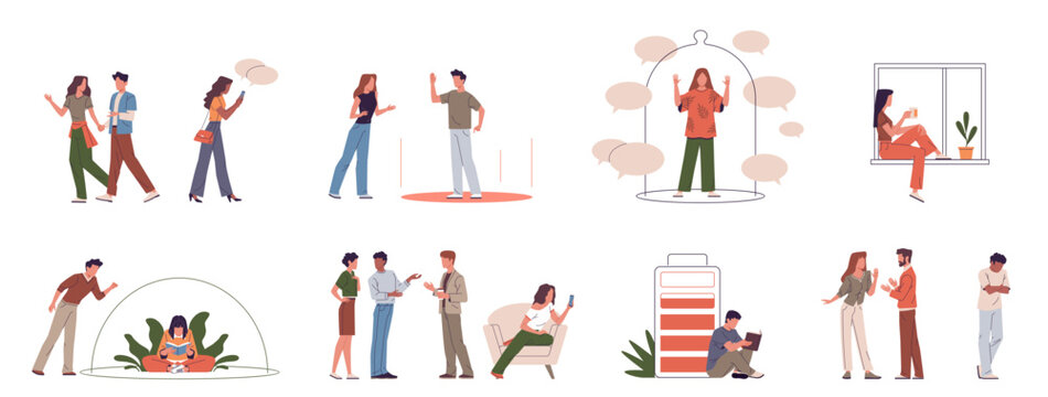 Introverted and extraverted characters scenes. Psychology, sociable and introverted people, outward, inward orientation, personal boundaries, nowaday vector cartoon flat isolated set