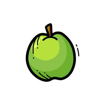 A charming cartoon illustration of a fresh green guava with a brown stem and dark outlines, depicted in a simple, playful style.