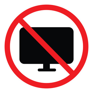 No monitor or screen time prohibition sign. Digital detox concept, electronic device restriction, or no television zone. Black computer icon with red strike-through circle.
