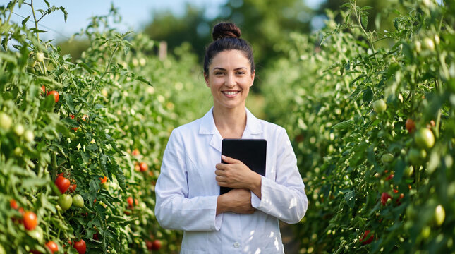Woman in a white lab coat conducting agriculture research with a tablet among lush tomato plants outdoors