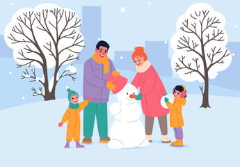 Fototapeta premium Happy family on winter walk. Parents and children build snowman, seasonal outdoor activities and games, warm clothes for snow weather, leisure time, classy vector cartoon isolated concept