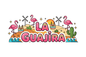 Obraz premium La guajira desert landscape with flamingos and windmills in cartoon style