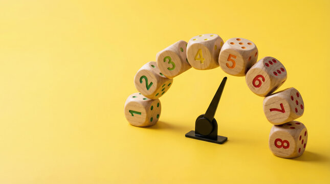 Wooden dice arranged in an arch over a clock hand symbolizing measurement and time management concepts on yellow background