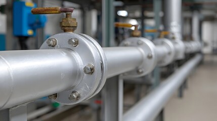 Fototapeta premium Industrial piping system with valves and flanges in a manufacturing facility