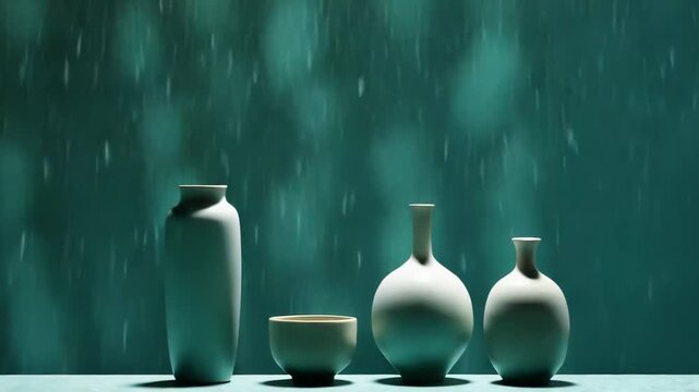 White ceramic vessels showcasing minimalist design and a serene color palette, casting subtle shadows on a light blue surface creating a tranquil still life composition