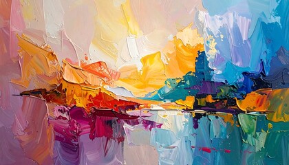 Vibrant Abstract Landscape Painting with Bold Brushstrokes and Reflective Water.