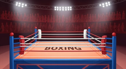 Empty boxing ring in illuminated sports arena with audience