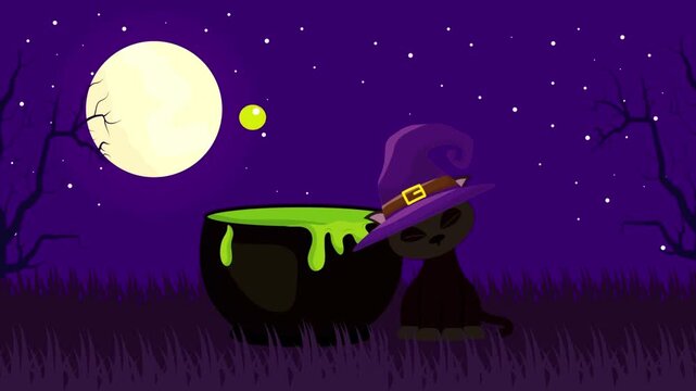 Witch Cat Cauldron Full Moon Halloween Night Illustration