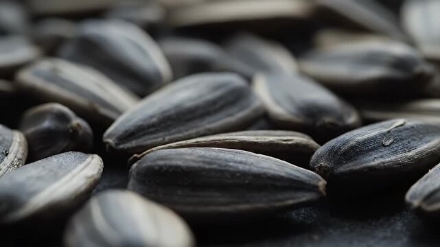 Close-up macro shot of many striped sunflower seeds, a healthy and delicious snack food