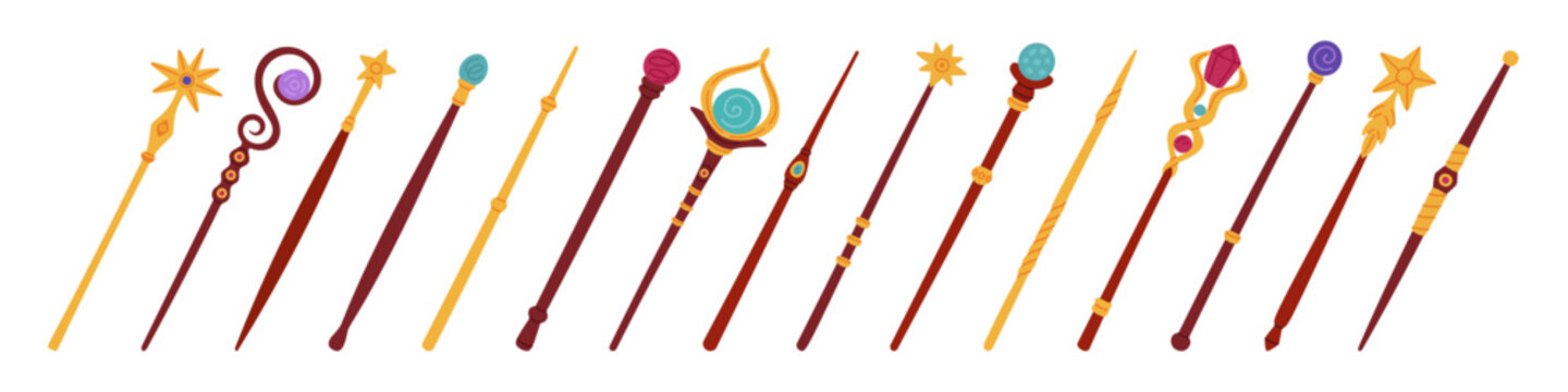 Cartoon magic wands. Different wooden wizard sticks with decorations, precious stones and crystals, enchanted witch stuff, sorcerer mystery ritual symbol for spell, garish vector set