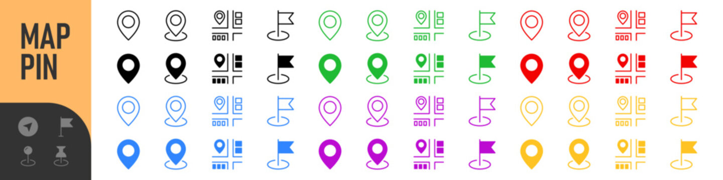 Map pin location icon set. Map markers isolated on white background. Black pointer GPS location symbol. Vector illustration. Color icon set