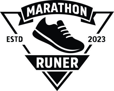 This logo design is tailored for marathon events or running clubs, featuring a bold emblem with a stylized running shoe at its center. The tiered text includes "MARATHON" at the top, "RUNER" at the bo