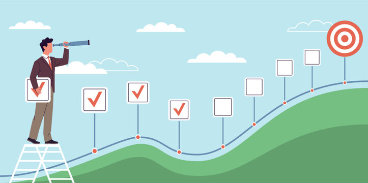 Business planning. Moving towards goal, man looks through telescope, marked completed items, project development, strategy steps, progress control, nowaday vector cartoon isolated concept