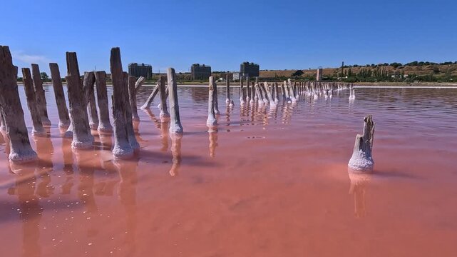 View of the pillars of old salt pans in the Kuyalnik Estuary, Sodium Chloride crystallized on the bottom and wooden poles, Ukraine