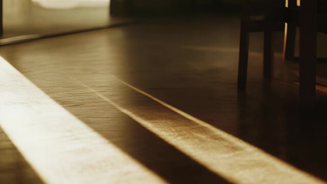Warm sunlight illuminating a wooden floor inside a home, creating long, parallel light streaks and abstract shadow play across the surface, evoking a sense of calm and domestic comfort