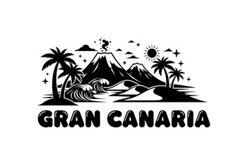 Retro tropical landscape with volcano, waves, and palm trees in gran canaria