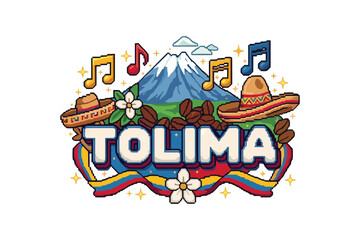 Tolima pixel art: coffee, sombreros, and music with mountain background