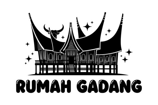 Traditional rumah gadang silhouette with star accents in black and white design