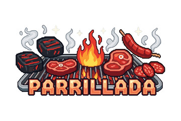 Pixel art bbq grill with meats and flames
