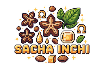 Pixel art sacha inchi seeds and leaves with omega symbols and hexagonal patterns