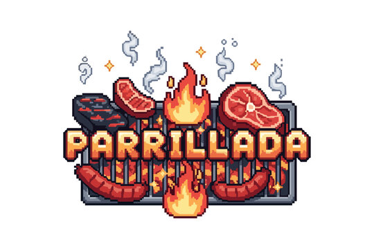 Pixel art bbq grill with meat and flames: a festive parrillada design