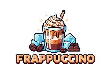 Pixel art frappuccino with cream, ice cubes, and chocolate elements