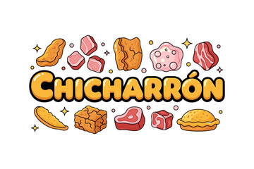 Cartoon chicharr&oacute;n icons with meat and snacks on white background