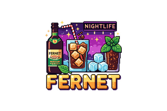 Fernet cocktail nightlife scene with ice cubes and mint leaves in retro pixel art style
