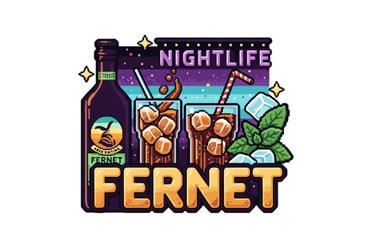Retro nightlife fernet design with cocktails and ice cubes